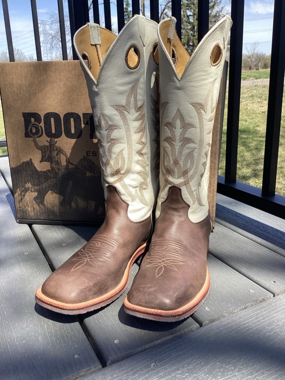 Tony Lama 10.5D Brown Square Toe with 15” Cream Embroidered leather Cowboy Boots